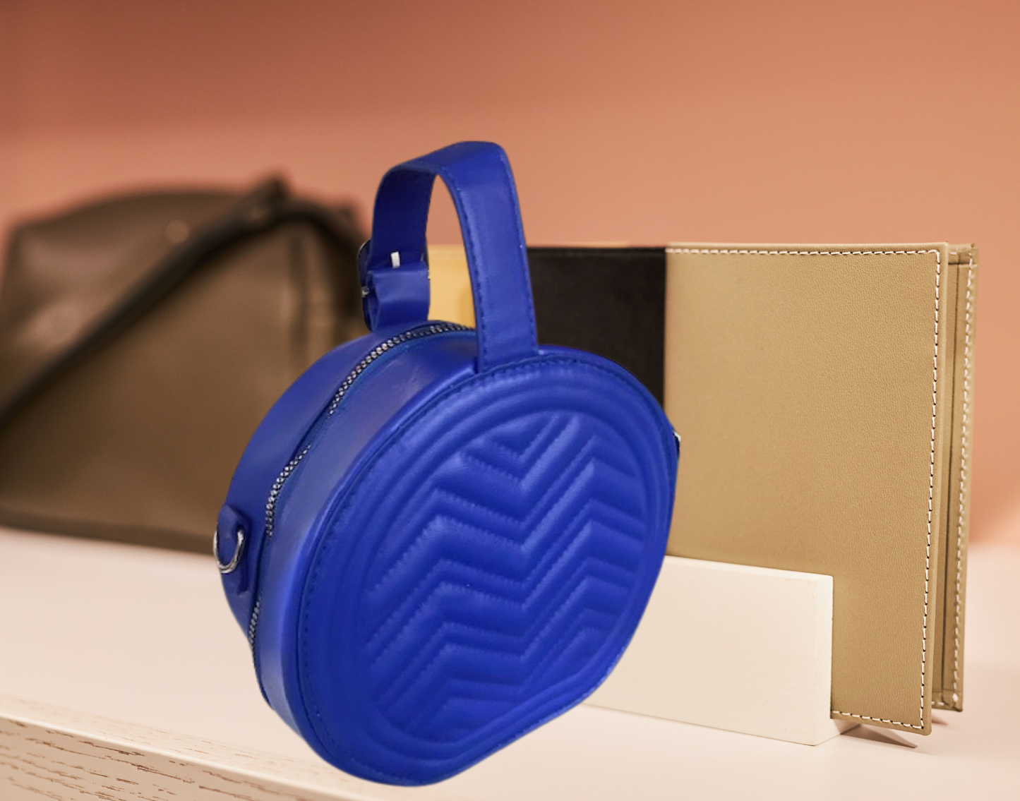 Blue Faux Leather Round Handbag