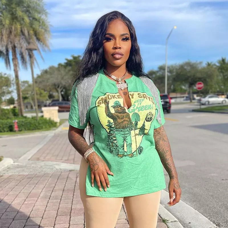 Green V Neck Graphic