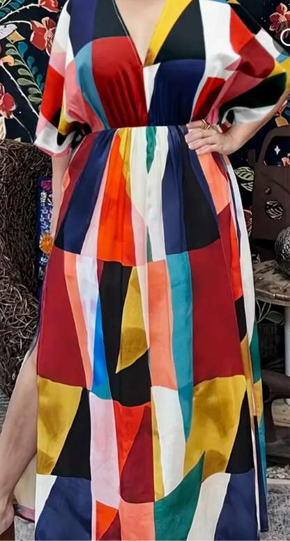 Women'S Plus Size Colorful Geometric Print Maxi Dress - V-Neck, Batwing Sleeves