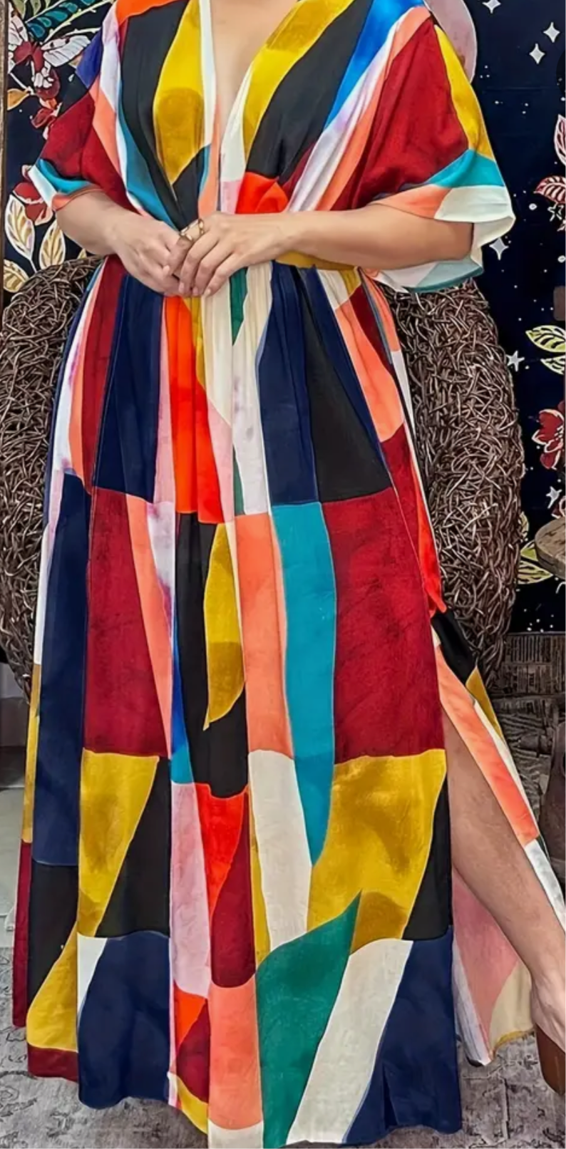 Women'S Plus Size Colorful Geometric Print Maxi Dress - V-Neck, Batwing Sleeves