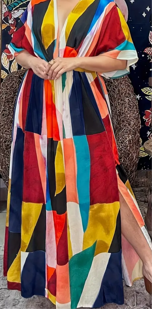 Women'S Plus Size Colorful Geometric Print Maxi Dress - V-Neck, Batwing Sleeves