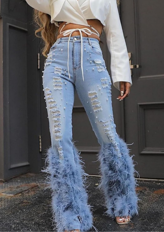 Pearled Feathered Jeans