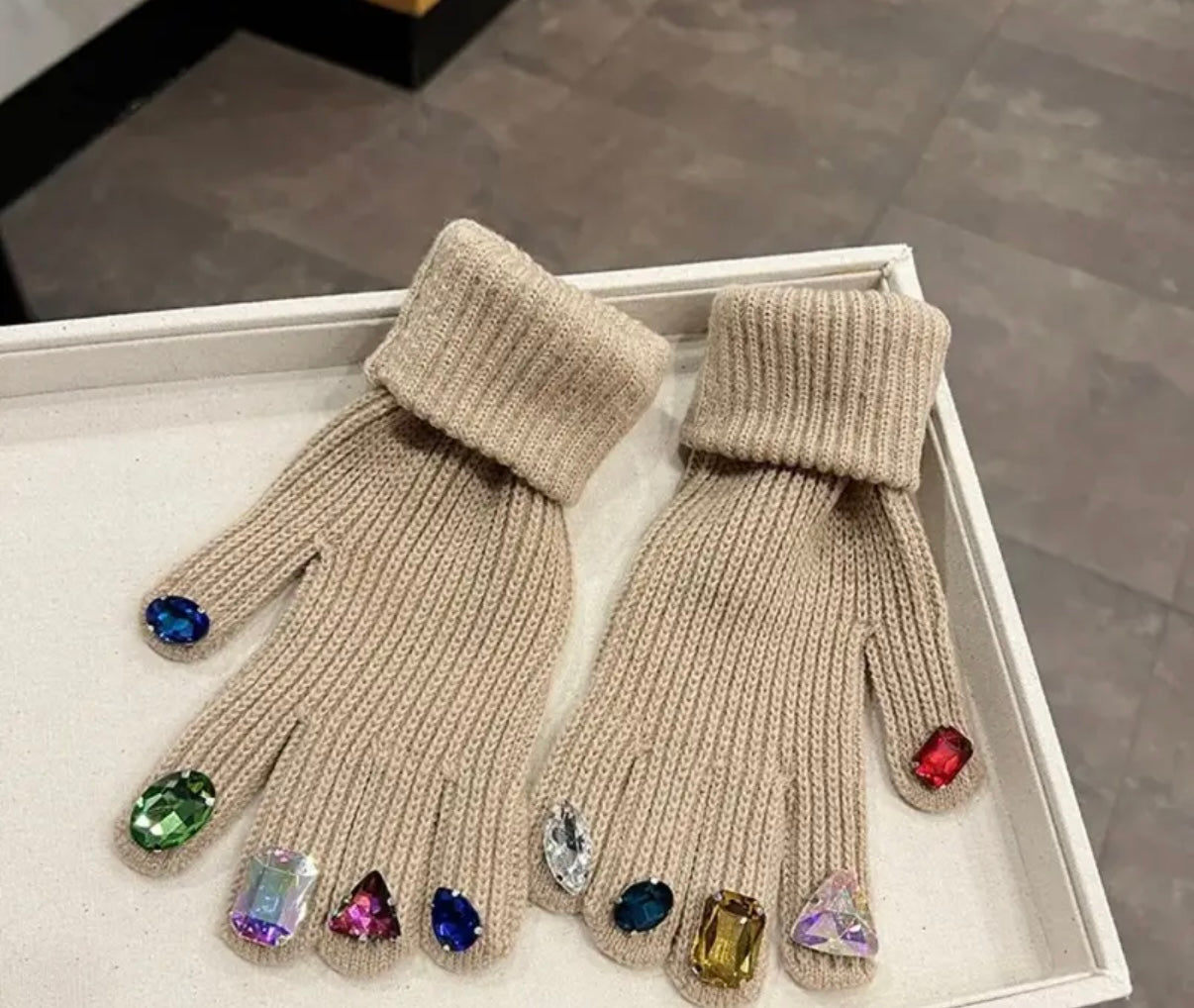 Khaki Bejeweled Gloves