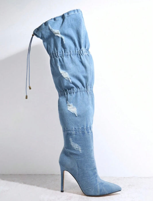 Drawstring Denim Boots